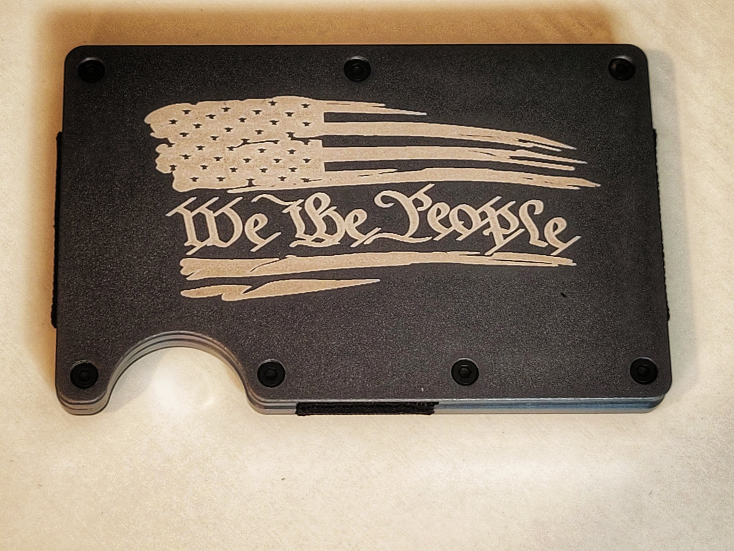 We The People with tattered flag, black slim wallet